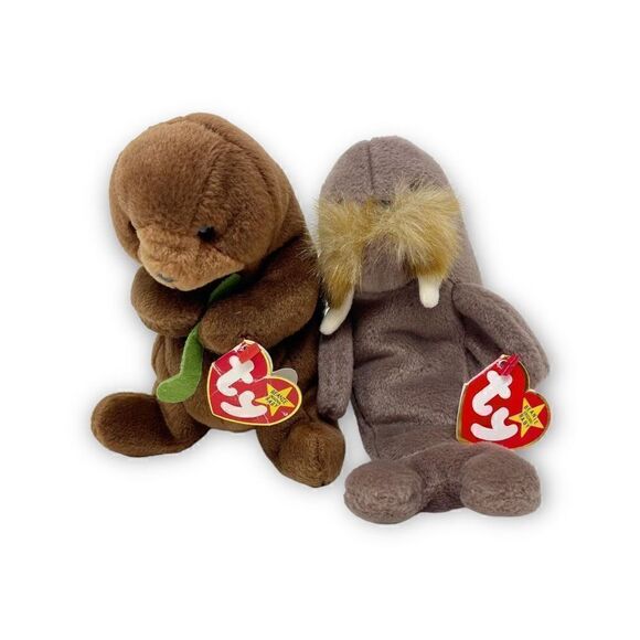 Ty Beanie Baby Babies Seaweed The Otter & Jolly The Walrus Polyurethane Pellets - Picture 1 of 10